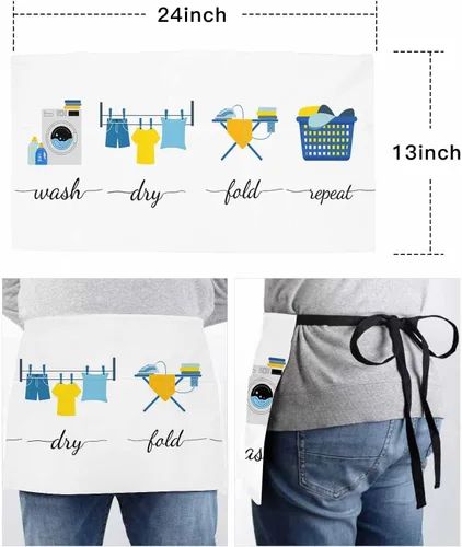 Miniatura 6 de DecorLovee Modern Minimalist Waitress Apron with 3 Pockets, Cartoon Laundry Room Washing Machine Server Aprons Waterproof Kitchen Restaurant Half