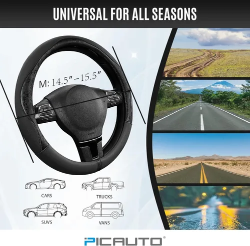 Miniatura 7 de PIC AUTO Funda para volante, diseño de retazos de cuero estampado negro, ajuste universal de 14.5 a 15.5 pulgadas, antideslizante, sin olor, piel