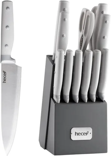 hecef Juego de cuchillos de cocina, juego de cuchillos de 14 piezas con bloque de madera y afilador de acero y tijeras multiusos, juego de cubiertos