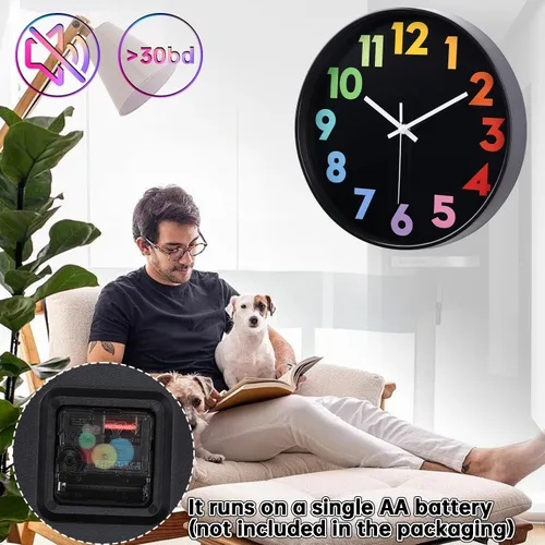 Miniatura 6 de Reloj de pared de 12 pulgadas para niños sin tictac que funciona con pilas, reloj de enseñanza para niños pequeños silencioso, colorido y decorativo