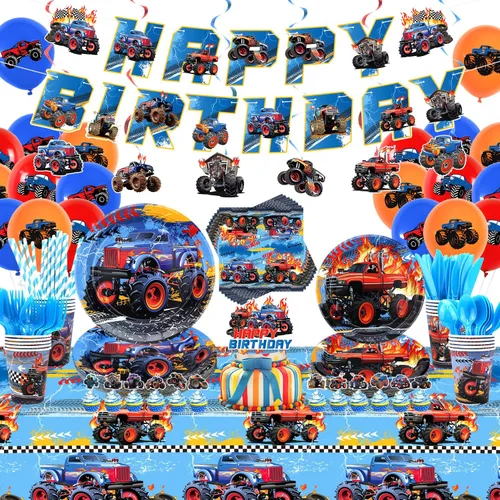 Miniatura 8 de KEFAN Suministros para fiesta de cumpleaños de Monster Truck, juego de decoraciones de fiesta de camión monstruo que incluye telón de fondo, platos
