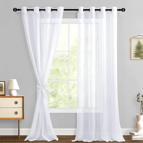 Miniatura 116 de Hiasan - Cortinas traslúcidas de gasa cortas semitransparentes con ojales y alzapaños filtrantes de luz para ventana, dormitorio, baño, 2 paneles