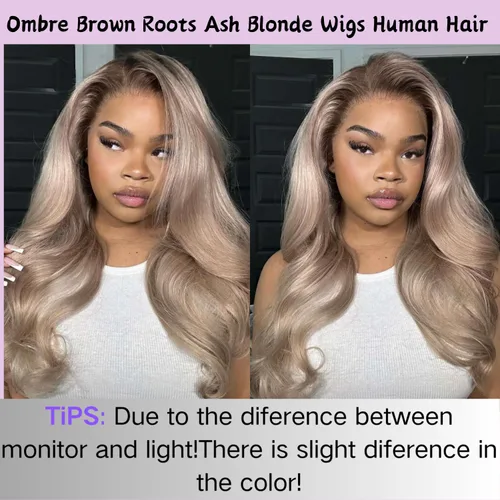 Miniatura 6 de Pelucas de cabello humano rubio ceniza de 26 pulgadas con raíces castañas ombré, color rubio ceniza, ondulado, 13 x 6, peluca de cabello humano