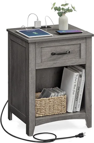 Miniatura 14 de VASAGLE Colección LIRY - Mesita de noche de estilo granja con estación de carga, mesita de noche, mesa auxiliar con 3 cajones, para dormitorio