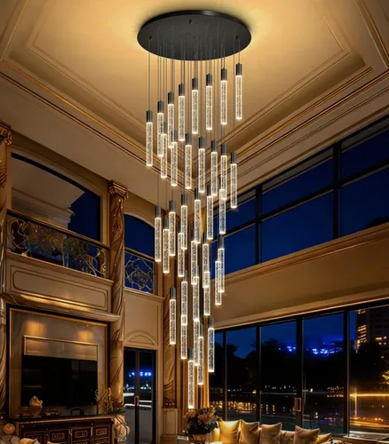 Miniatura 13 de HAIXIANG Candelabro de techo alto de 118 pulgadas, colgantes lineales de cristal, regulables remotos, techos inclinados compatibles, negro mate