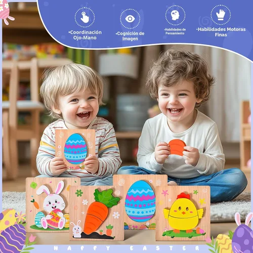Miniatura 5 de Paquete de 4 rompecabezas de madera de Pascua para niños y niñas pequeños, rompecabezas de juguetes para cestas de Pascua, regalos de fiesta