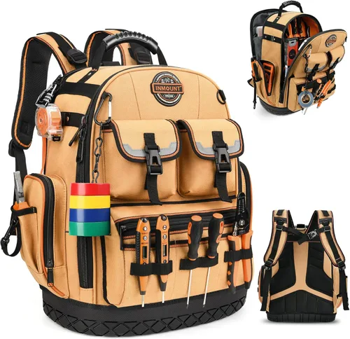 Mochila para herramientas, mochila de herramientas resistente, bolsa de herramientas HVAC para electricista/trabajos de construcción con base Marrón