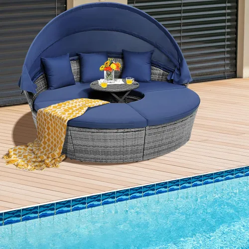 Miniatura 2 de HAPPYGRILL Sofá cama al aire libre con toldo, sofá modular de mimbre de ratán con mesa auxiliar, cojines, juego de conversación de patio para Gris