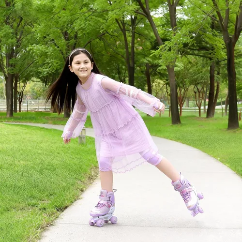 Miniatura 4 de Patines de ruedas para niñas, niños y principiantes, 4 tamaños ajustables con ruedas que se iluminan, patines morados y rosados divertidos e
