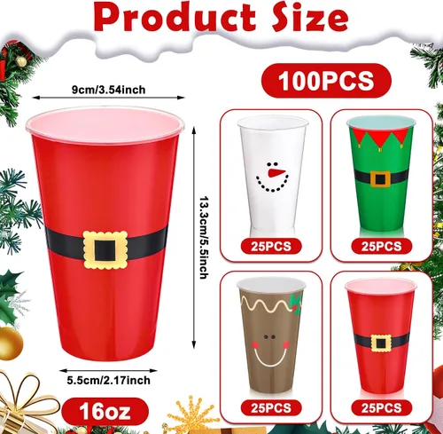 Miniatura 3 de Bokon 100 Piezas Vasos de Navidad de 16 oz de Plástico Desechables de Papá Noel Vasos con Diseños de Cinturón de Papá Noel Muñeco de Nieve Alce