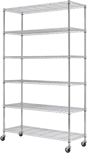 FDW Estantería de alambre de 18 x 45 x 82 pulgadas con ruedas de acero de 6 niveles de alta resistencia, estante de almacenamiento de metal,