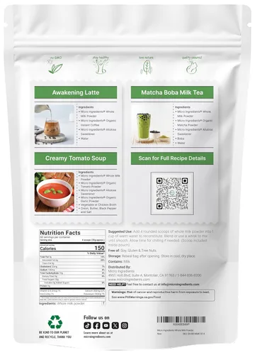 Miniatura 2 de Micro Ingredients Leche Entera en Polvo, 4 lb Criada en Pastos, sin rBST Pura y Rica en Proteínas Ideal para Hornear y Uso Diario Sin OGM