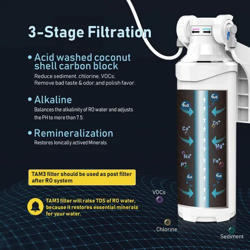 Miniatura 3 de Frizzlife TAM3 Filtro de agua en línea debajo del fregadero - Remineralización alcalina PH+, Certificado NSF/ANSI 42, Ajusta el sabor y el PH
