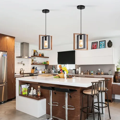 Miniatura 7 de Lámpara colgante estilo granja, luces colgantes negras para isla de cocina, luz colgante de metal industrial y madera vintage, lámpara de techo