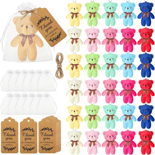 Miniatura 7 de Fumete 40 juegos de osos para baby shower de 4.7 pulgadas, osos pequeños a granel, osos de peluche, llavero pequeño, adornos colgantes con bolsa