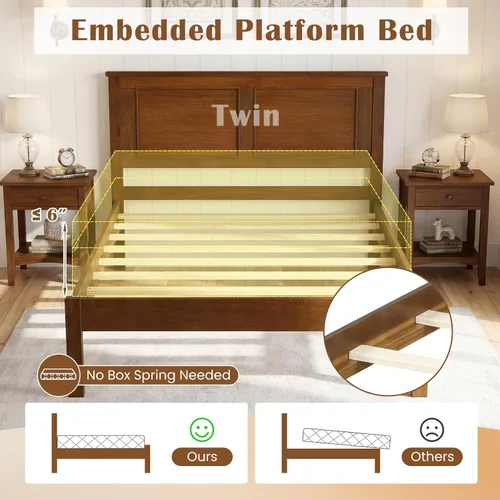Miniatura 6 de Giantex Marco de cama de madera individual con cabecero, plataforma moderna de mediados de siglo con soporte de listones de madera, base de colchón