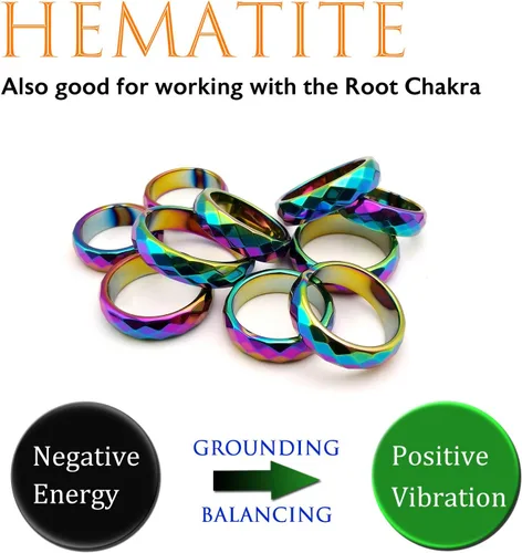 Miniatura 60 de Morchic - Anillos unisex de piedras de hematita, para equilibrar ansiedad, chakra raíz, (paquete de tamaños mixtos)
