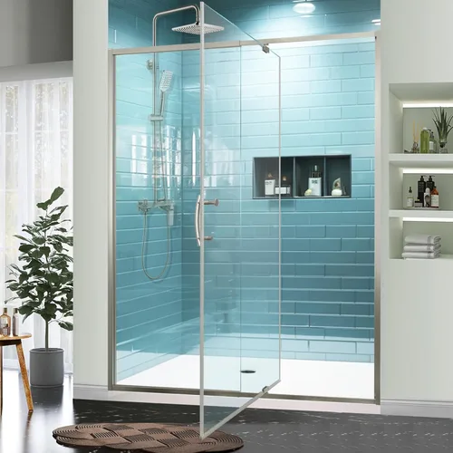 Miniatura 32 de GroGro 56-60" W x 71" H Mampara de ducha giratoria de vidrio semisin marco, vidrio templado transparente de 1/4" (6mm) SGCC, acabado cromo, Cromado