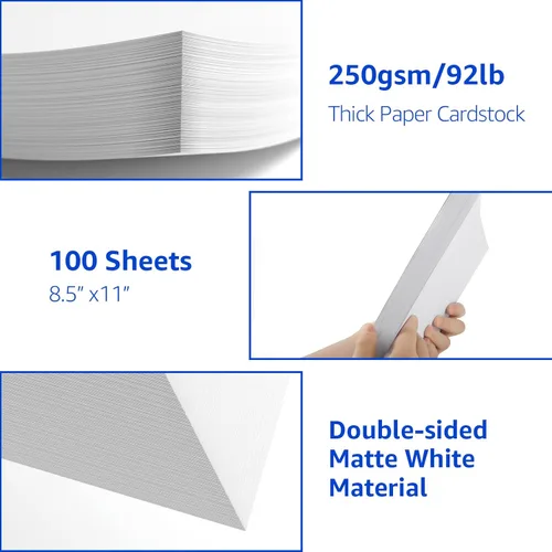 Miniatura 3 de 100 hojas de papel de cartulina blanca, papel de impresora de cartulina de 8.5 x 11, cartulina de 92 libras/8.82 oz/m², papeles de impresión gruesos