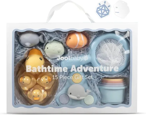 Jool Baby Juego de regalo de 15 piezas de juguetes de bañera – Chorros de baño, patos de goma, juguete giratorio de ballena – Organizador de