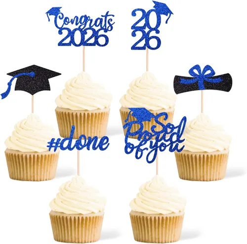 36 adornos para cupcakes de graduación de clase 2026, con purpurina azul de doble cara para suministros de fiesta de graduación, decoraciones de