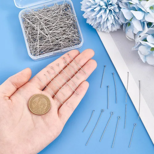 Miniatura 3 de PH PandaHall 560 alfileres de ojo de acero inoxidable 304 de 8 estilos de 1.181 in, 1.575 in y 1.969 in, 22 calibres de cabeza de bola de calibre