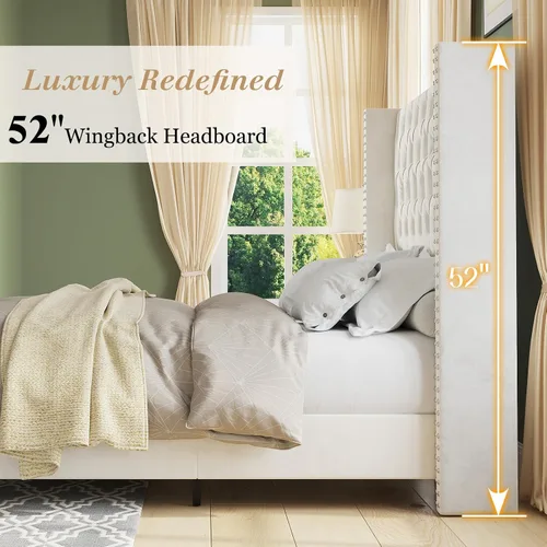 Miniatura 4 de Jocisland Base de cama tamaño Queen con cabecera de terciopelo acolchado con respaldo alado de 51.6" pulgadas, cama de plataforma tapizada moderna