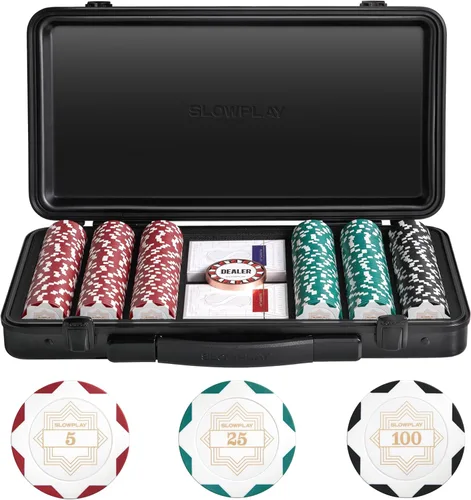 Miniatura 12 de SLOWPLAY Juego de fichas de póker de 14g de arcilla para Texas Hold'em, 500 piezas, con valores numerados, estilo Art Deco, y estuche de transporte