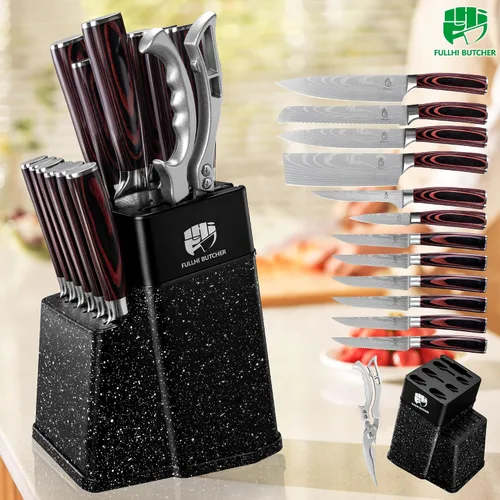 Miniatura 6 de FULLHI Juego de 14 piezas de cuchillos con bloque, juego de cuchillos de chef y de carne con bloque y afilador, juego de cuchillos de cocina, mango