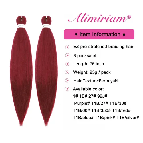 Miniatura 2 de Cabello trenzado preestirado con ajuste de agua caliente rojo de 26 pulgadas, paquete de 8 paquetes de 8 paquetes de extensiones de cabello de fibra