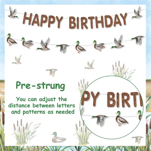 Miniatura 5 de Decoraciones de cumpleaños de caza de patos, guirnalda de pancarta de feliz cumpleaños de pato mallard para cumpleaños, suministros de baby shower