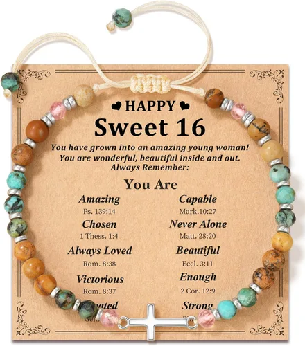 Miniatura 8 de Pulsera de cruz para niñas de 10, 13, 16 años, regalos de cumpleaños, piedra natural, joyería cristiana ajustable con tarjeta inspiradora para hija