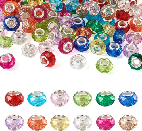 120 cuentas redondas planas europeas transparentes facetadas grandes con núcleos de latón chapados en plata, cuentas de cristal de imitación