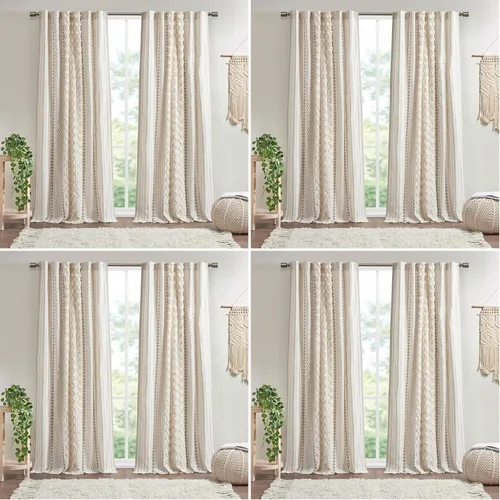 Miniatura 12 de INK+IVY Cortinas Boho para Dormitorio PANEL ÚNICO Cortinas de Ventana para Sala de Estar, 100% Algodón con Rayas de Chenilla Copetuda Estilo Granja