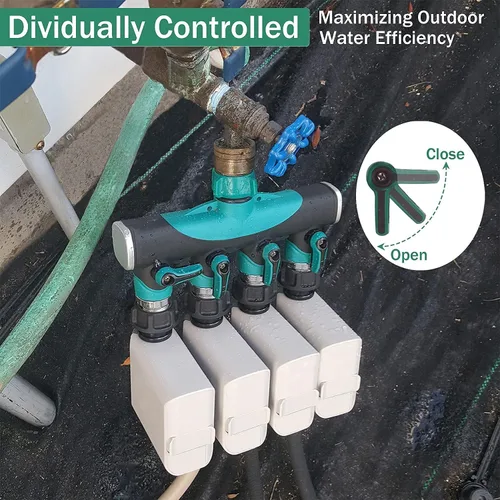 Miniatura 3 de Divisor de manguera de jardín de 4 vías – 3/4 pulgadas resistente de metal para grifo de agua con válvulas de cierre, conectores de manguera a
