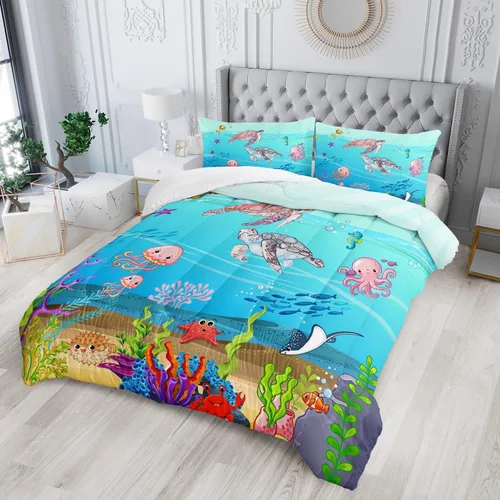 Miniatura 4 de Juego de edredón de tortuga con aguada oceánica, juego de ropa de cama de tortuga para cama individual, juego de cama con peces tropicales y vida