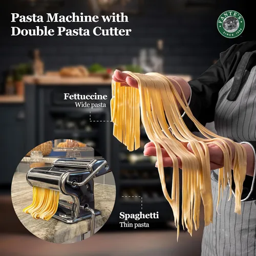Miniatura 2 de Fante's Máquina de Pasta Clásica de Doble Cortador, Prensa de Fideos de Manivela con Ajustes de Grosor Ajustables para Pasta Casera Fresca, Dumplings