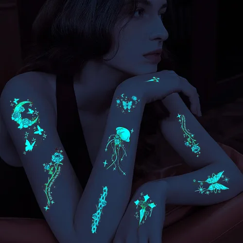 Miniatura 6 de Konsait 18 hojas de tatuajes temporales que brillan en la oscuridad para mujeres y niñas, tatuajes de luz azul y negra, tatuaje de flores