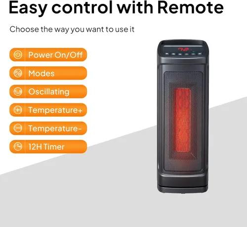 Miniatura 3 de Bonnlo Calentador de torre de 17 pulgadas de alto con control remoto, calentador de espacio portátil de 1500 W con oscilación de 70°, temporizador