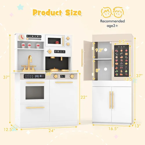 Miniatura 9 de INFANS Cocina de Juguete para Niños, Conjunto de Juego de Refrigerador Nevera de 2 Piezas Combinación con Tabla de Pared del Alfabeto Interactivo