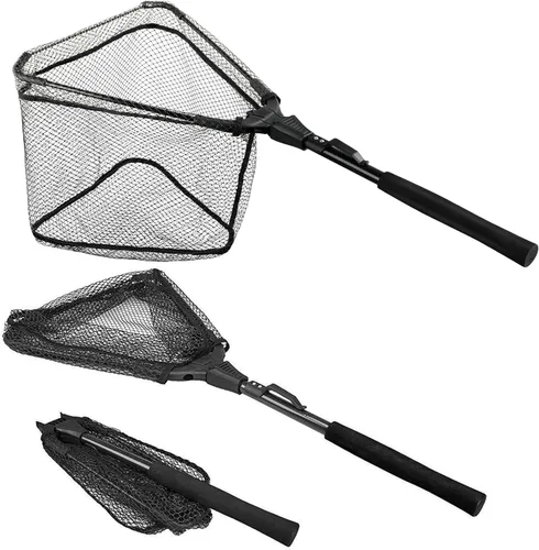 PLUSINNO Red de pesca flotante para peces, redes de kayak con mango telescópico plegable fijo, redes de pesca de trucha de lubina con malla de