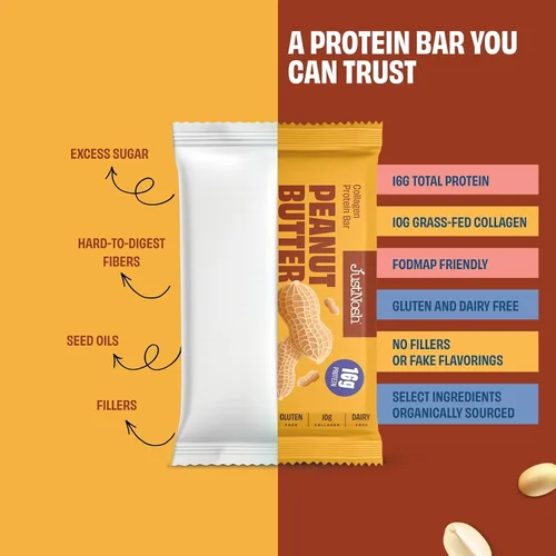 Miniatura 6 de JUSTNOSH Peanut Butter - Barras de proteína de colágeno, 0.63 onzas de proteína, 0.35 onzas de colágeno, sin gluten y lácteos, bajo FODMAP, sin
