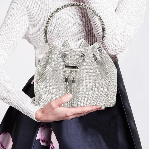 Miniatura 6 de QZUnique Bolso de cubo de diamantes de imitaciónlentejuelas con conjunto de joyas para mujer, bolso de noche plateado brillante con purpurina