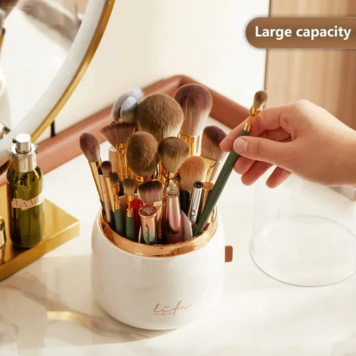 Miniatura 2 de Organizador de brochas de maquillaje con tapa, organizador giratorio a prueba de polvo para brochas de maquillaje con cubierta acrílica transparente