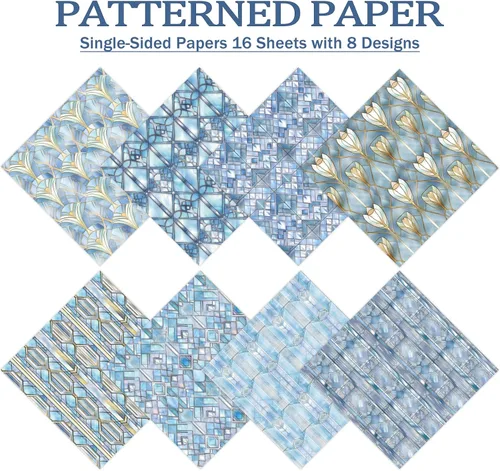 Miniatura 3 de PRSTINCOL Papel para álbum de recortes, 16 hojas de 6 x 6 pulgadas, suministros de álbum de recortes de estilo de ventana azul, papel de decoupage