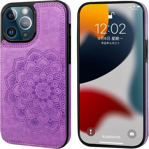 Miniatura 3 de Vaburs Funda compatible con iPhone 13 Pro Max con tarjetero y diseño de mandala en relieve, de piel sintética, doble botones, a prueba de golpes