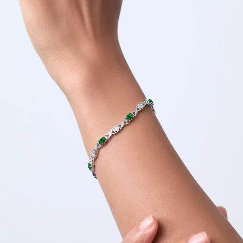 Miniatura 2 de Gem Stone King Pulsera de tenis de plata de ley 925 ovalada verde esmeralda simulada para mujer