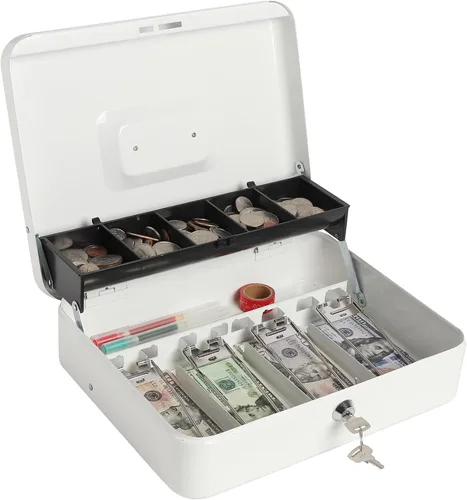 Miniatura 10 de Caja de efectivo grande con bandeja de dinero y cerradura, caja de dinero de metal para efectivo, caja de seguridad de 11.8 x 9.5 x 3.54 pulgadas