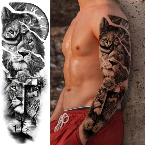 Miniatura 3 de Adhesivos de manga de tatuajes falsos de lobo león, brazo completo, dragón animal, tribal, mangas temporales de tatuaje para hombres, mujeres