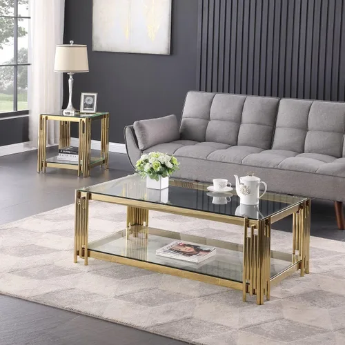 Miniatura 10 de Mesa auxiliar de cristal de 20 pulgadas, mesa de centro dorada para sala de estar, mesa auxiliar ancha de vidrio cuadrada, mesa auxiliar con 2